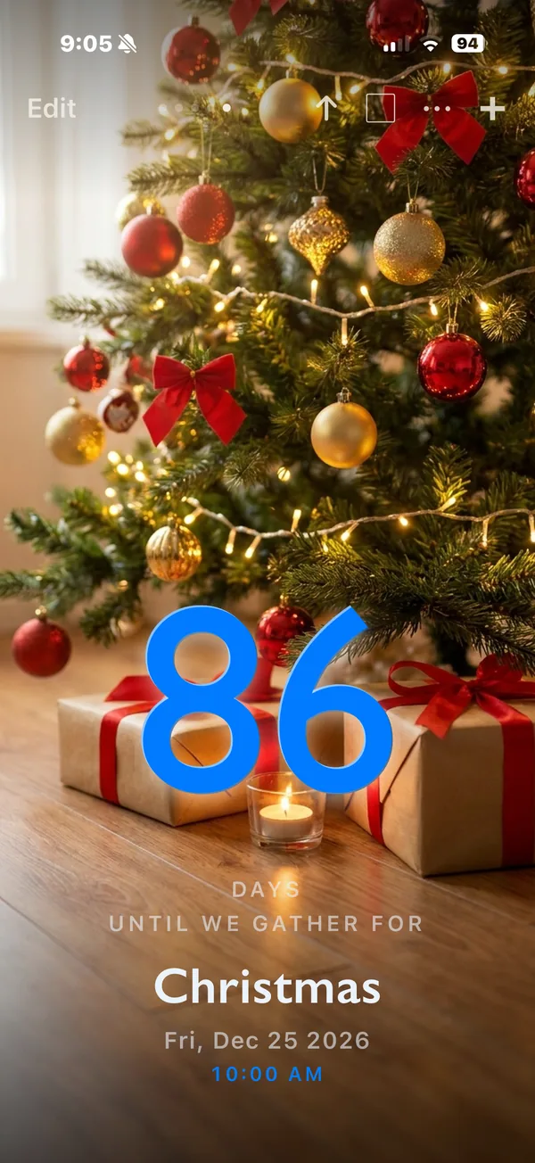 Nigh countdown: 86 days until we gather for Christmas, over a decorated tree and wrapped presents.