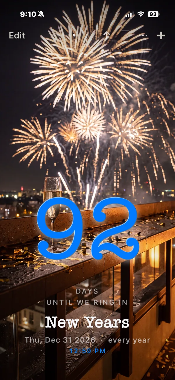 Nigh countdown: 92 days until we ring in New Years, over fireworks above a city.